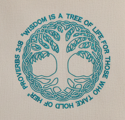 Decorative design with a tree of life and Proverbs 3:18 text on a white background