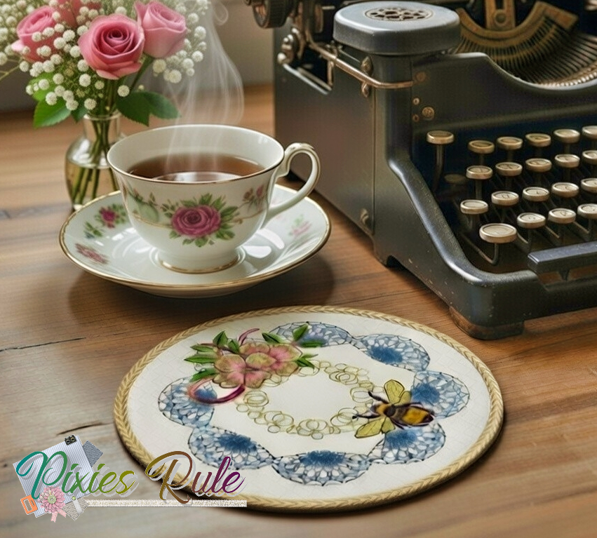 Busy Bee Mug Mat 6x6 Machine Embroidery Design by Pixies Rule