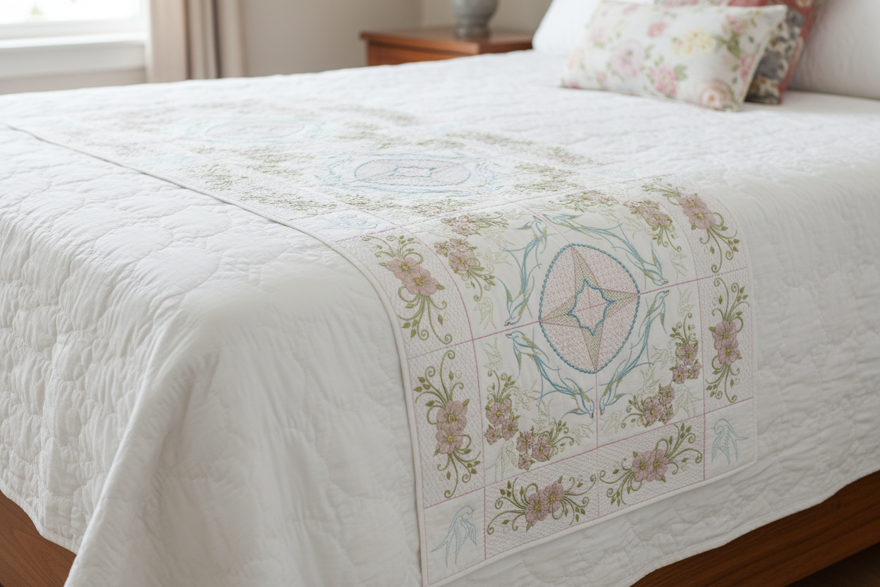 A quilt set with a floral and bird design, featuring various shades of green, blue, and pink.